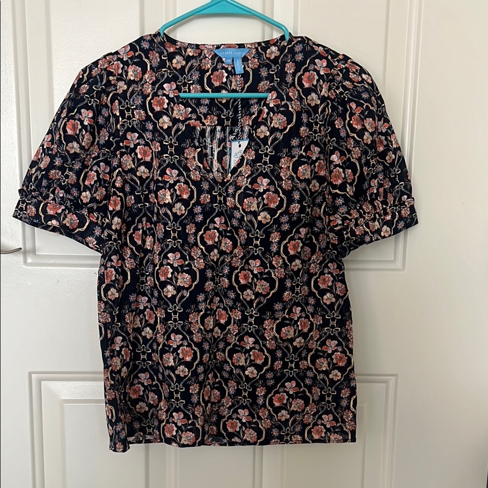 Draper James Navy Floral V-Neck Short Sleeve Blouse
